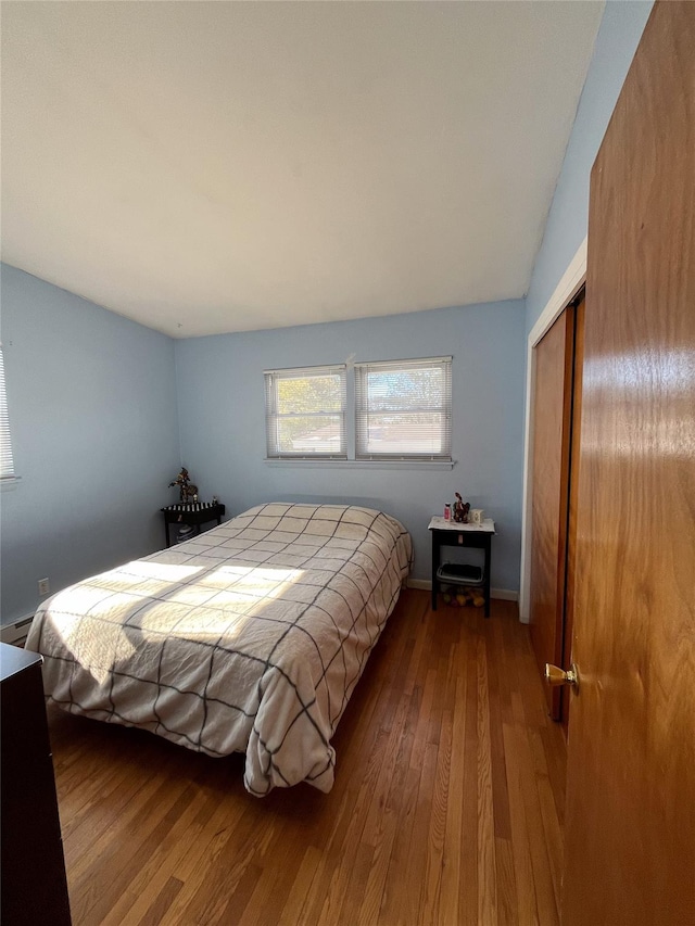 bedroom featuring wood-type flooring, baseboard heating, and a closet