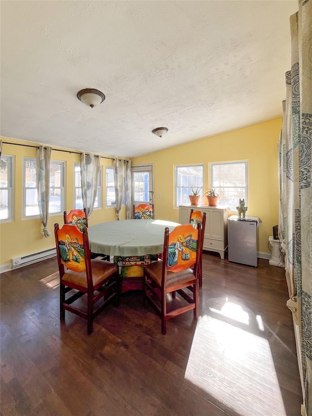 dining area with a baseboard heating unit, dark hardwood / wood-style floors, and a textured ceiling