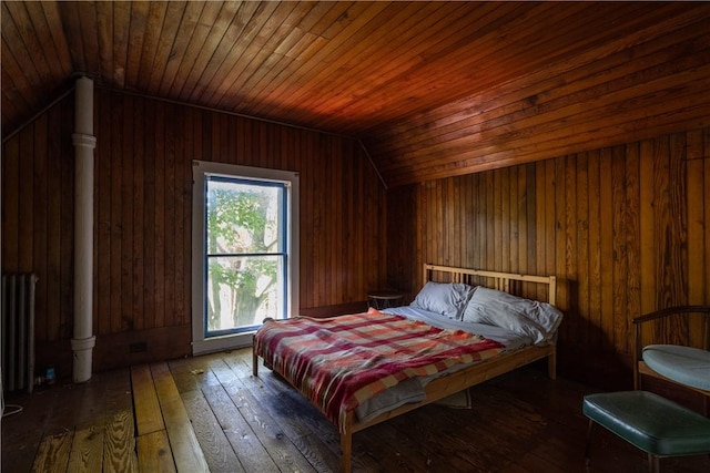 24921 State Highway 97, Hancock, NY 13783 - bedroom featuring wood walls, wood ceiling, dark wood-type flooring, and vaulted ceiling