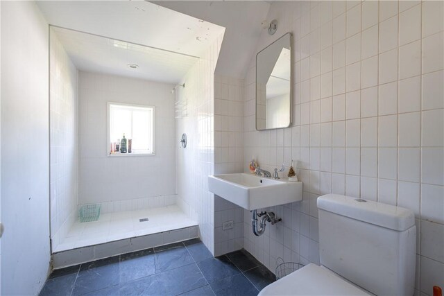 24921 State Highway 97, Hancock, NY 13783 - bathroom with walk in shower, sink, tile walls, and toilet