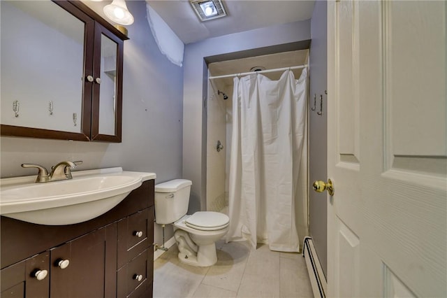 bathroom featuring baseboard heating, a shower with curtain, tile patterned floors, toilet, and vanity