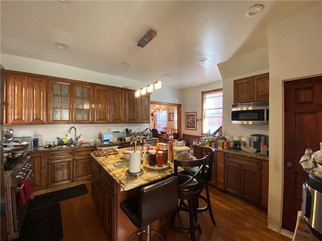 kitchen with hanging light fixtures, dark wood-type flooring, light stone counters, a center island with sink, and appliances with stainless steel finishes