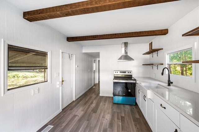 kitchen featuring white cabinetry, wall chimney exhaust hood, a healthy amount of sunlight, and stainless steel electric range