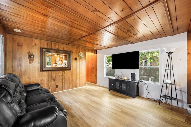 living room featuring wood walls, light hardwood / wood-style floors, and wooden ceiling