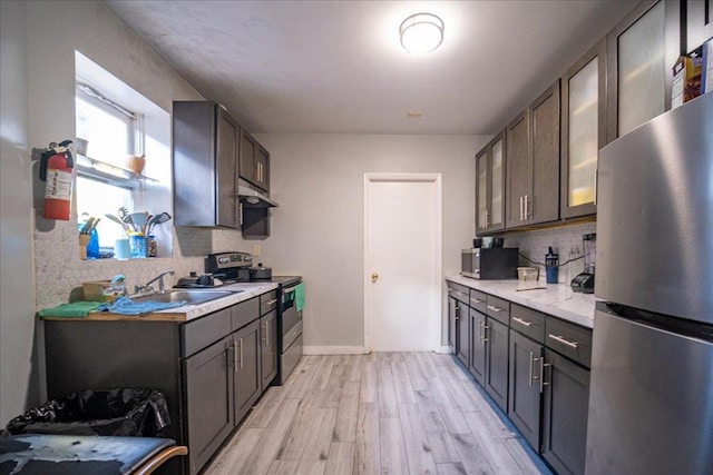 kitchen featuring appliances with stainless steel finishes, backsplash, dark brown cabinetry, sink, and light hardwood / wood-style floors