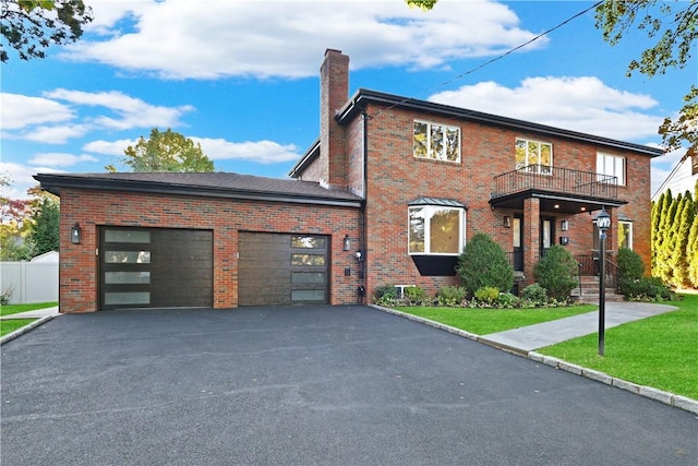 view of front of property featuring a balcony, a garage, and a front lawn