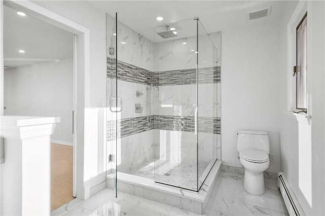 bathroom featuring toilet, an enclosed shower, and a baseboard radiator