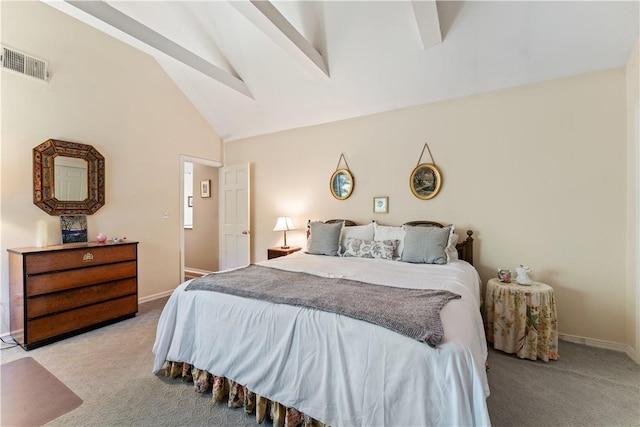 carpeted bedroom featuring beam ceiling and high vaulted ceiling