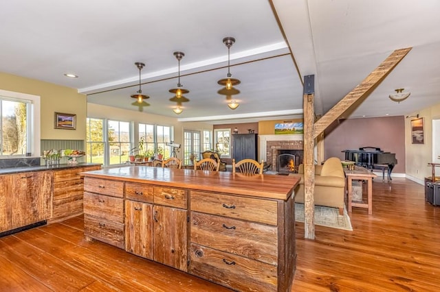 kitchen featuring hardwood / wood-style floors, plenty of natural light, and hanging light fixtures