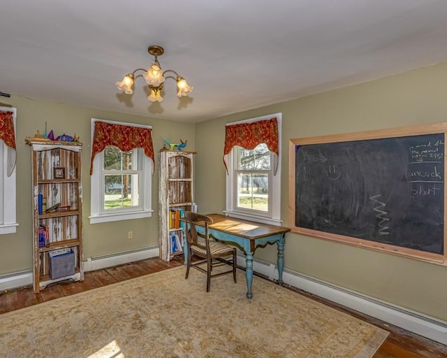 office space with a notable chandelier, a healthy amount of sunlight, dark hardwood / wood-style flooring, and a baseboard heating unit