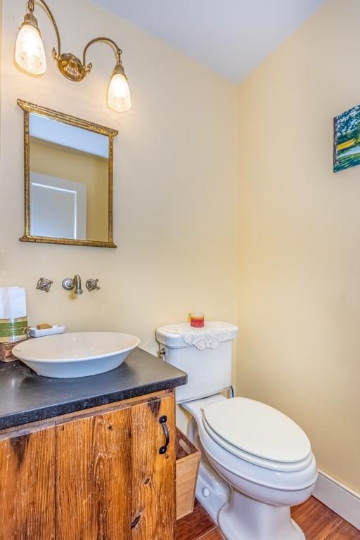 bathroom with vanity, hardwood / wood-style flooring, and toilet