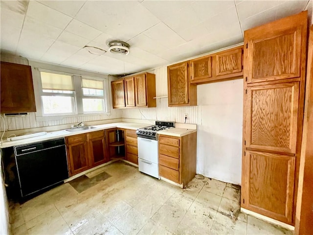 kitchen featuring black dishwasher, tasteful backsplash, white range with gas cooktop, and sink