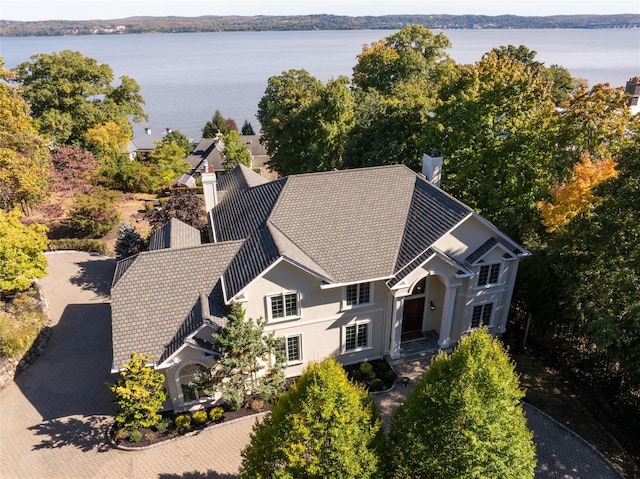 drone / aerial view featuring a water view