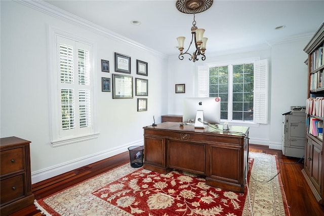 office featuring an inviting chandelier, crown molding, and dark wood-type flooring