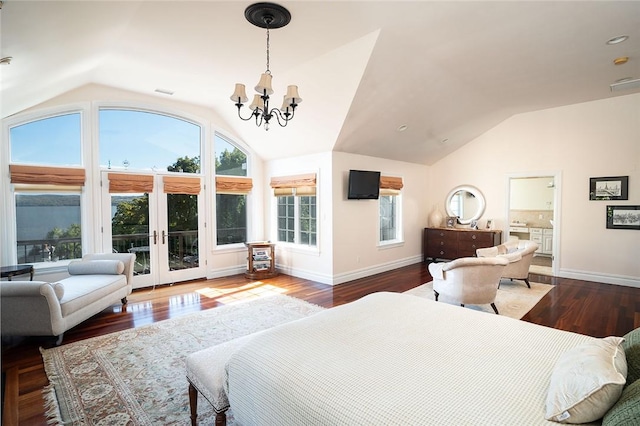 bedroom featuring access to outside, lofted ceiling, and dark hardwood / wood-style floors