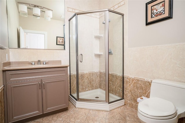 bathroom with walk in shower, toilet, and tile walls