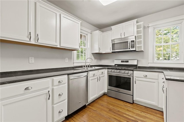 kitchen with a wealth of natural light, white cabinets, and appliances with stainless steel finishes