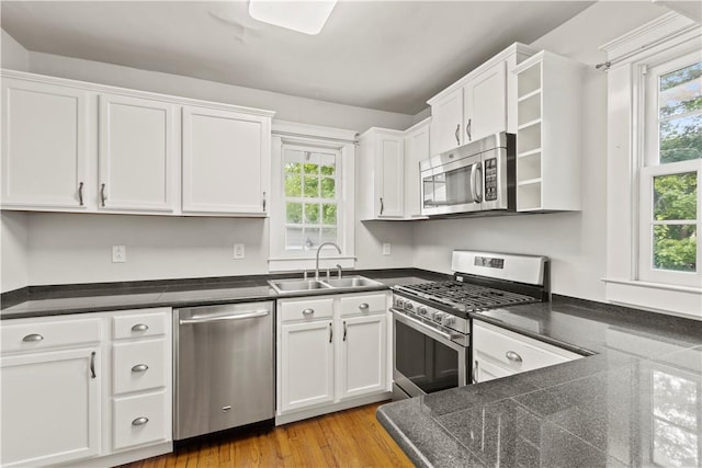 kitchen with white cabinetry, sink, light hardwood / wood-style floors, and appliances with stainless steel finishes