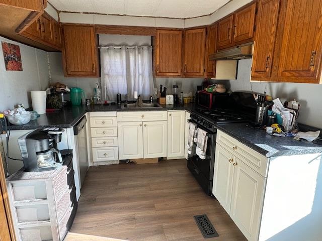 kitchen featuring black gas range, dark hardwood / wood-style floors, stainless steel dishwasher, and sink