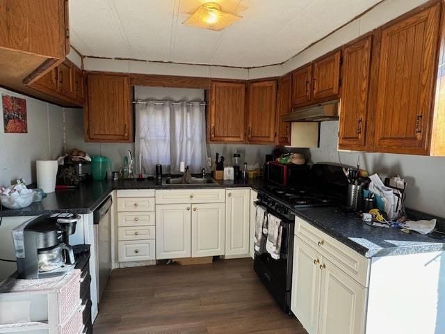 kitchen with stainless steel dishwasher, black gas range, dark hardwood / wood-style flooring, and sink