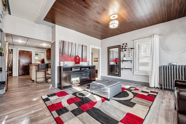 living room with radiator heating unit and light hardwood / wood-style flooring