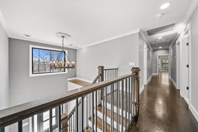 hallway with an inviting chandelier, dark hardwood / wood-style floors, and ornamental molding