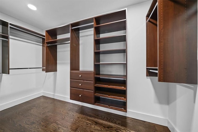 walk in closet with dark wood-type flooring