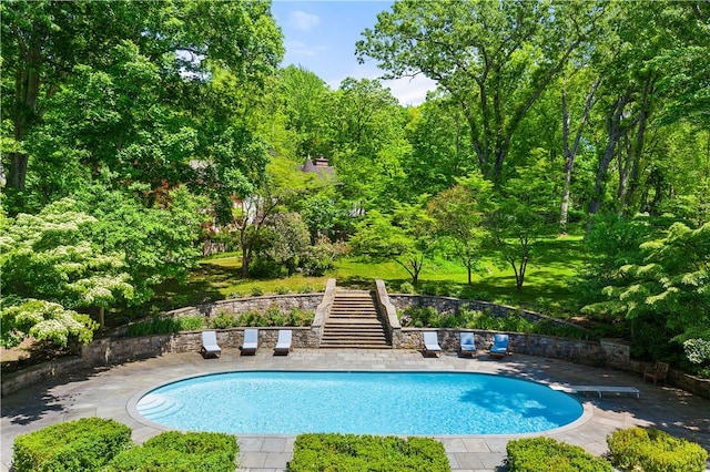 view of pool featuring a diving board