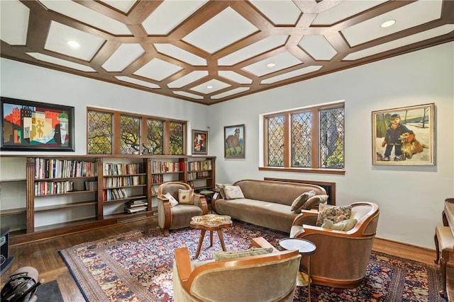 living area featuring dark hardwood / wood-style flooring and coffered ceiling