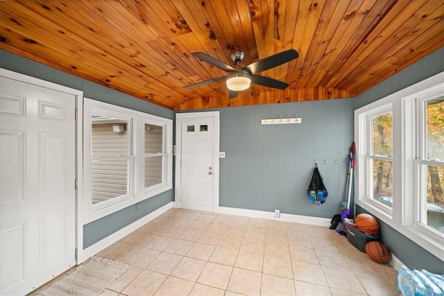 unfurnished sunroom featuring ceiling fan and wooden ceiling