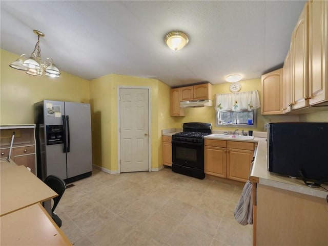 kitchen featuring black gas range, stainless steel refrigerator with ice dispenser, a chandelier, pendant lighting, and light brown cabinetry