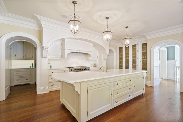 kitchen with dark hardwood / wood-style flooring, stainless steel range, a center island with sink, and pendant lighting