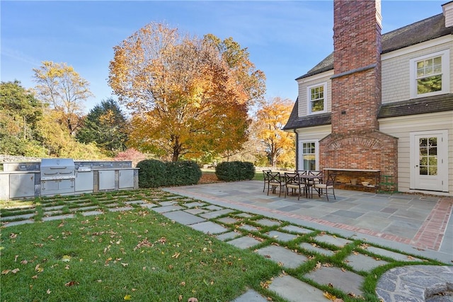 view of yard with a patio and exterior kitchen