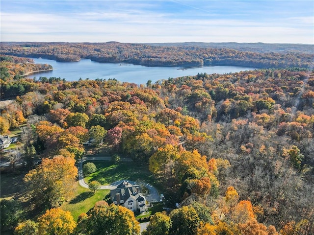 drone / aerial view with a water view