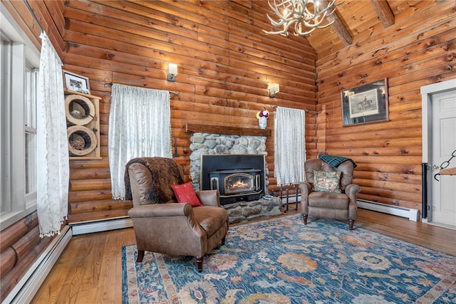 sitting room with hardwood / wood-style floors, high vaulted ceiling, beamed ceiling, and a baseboard heating unit