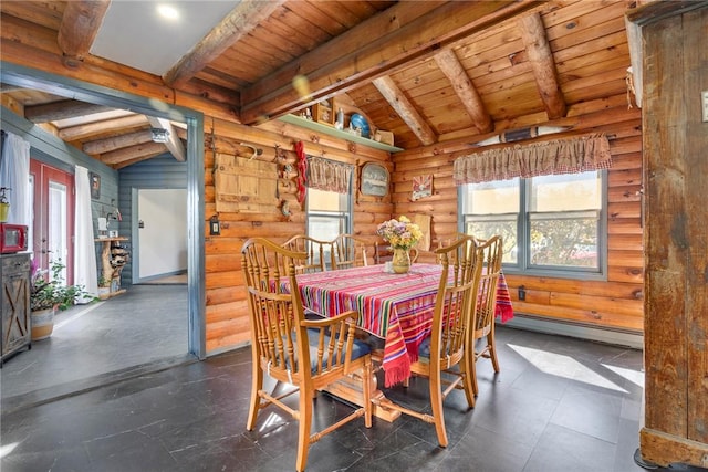 dining room with vaulted ceiling with beams, wood ceiling, rustic walls, and a baseboard radiator