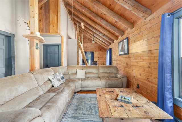 living room featuring wood ceiling, beam ceiling, high vaulted ceiling, hardwood / wood-style floors, and wood walls