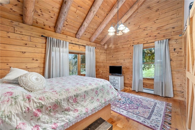 bedroom with light hardwood / wood-style flooring, multiple windows, and wood walls