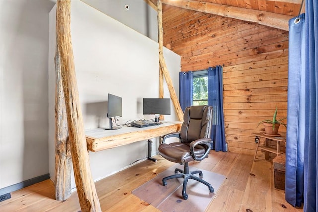 office featuring lofted ceiling with beams, wood walls, and light hardwood / wood-style floors