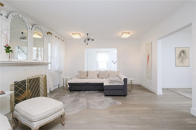 living room featuring light hardwood / wood-style flooring and ornamental molding