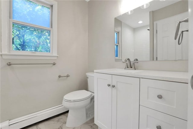 2 Requa St, Briarcliff Manor, NY 10510 - full bathroom with baseboard heating, marble finish floors, vanity, toilet, and a shower