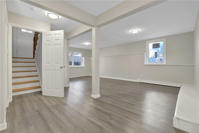 2 Requa St, Briarcliff Manor, NY 10510 - below grade area featuring a baseboard heating unit, wood finished floors, and stairs