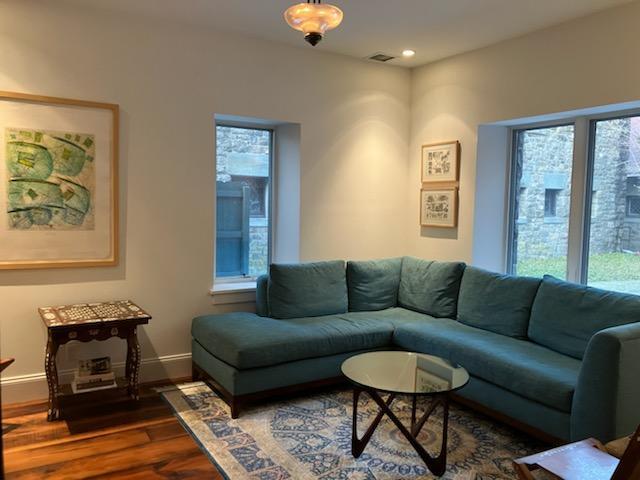 living room with dark hardwood / wood-style floors