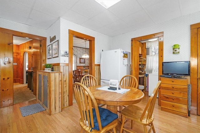 dining space with wooden walls and light hardwood / wood-style flooring