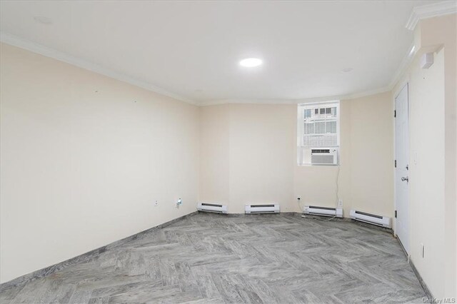 unfurnished room with cooling unit, crown molding, and a baseboard heating unit