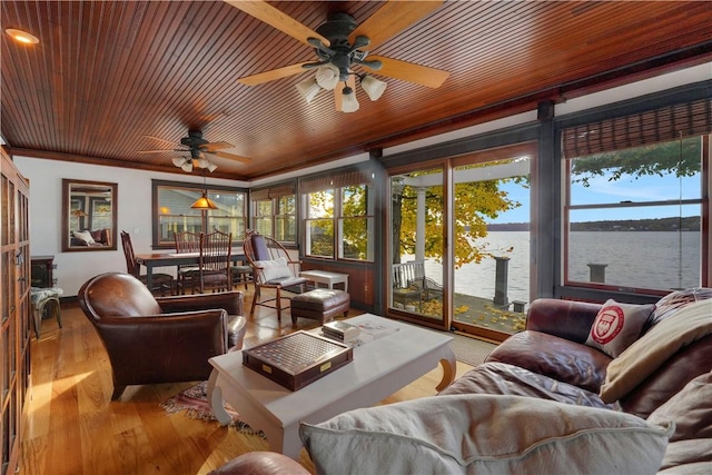 sunroom / solarium with wooden ceiling, ceiling fan, and a water view