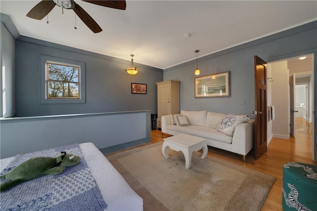 living room featuring ceiling fan, light hardwood / wood-style floors, and crown molding