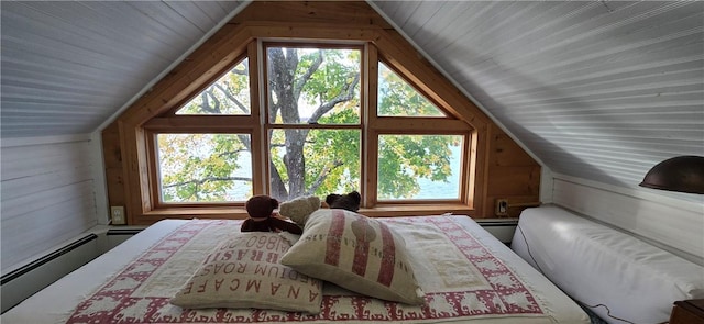 bedroom featuring a baseboard heating unit, wood walls, and vaulted ceiling