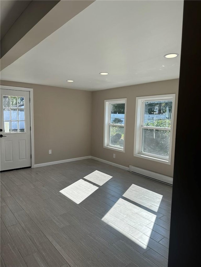 interior space featuring a healthy amount of sunlight, a baseboard radiator, and wood-type flooring