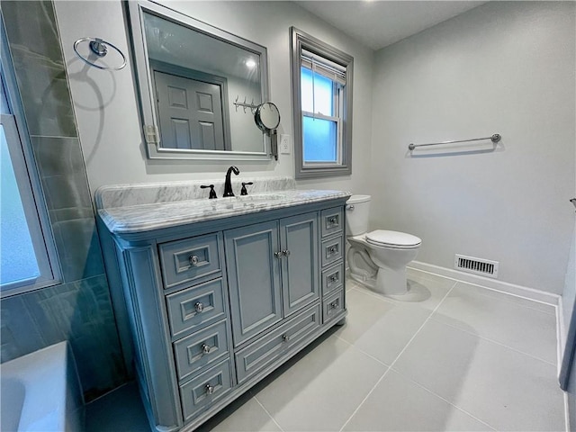 bathroom featuring tile patterned flooring, vanity, and toilet